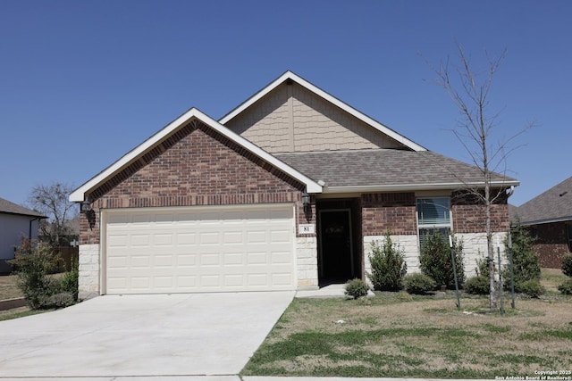 view of front of property with concrete driveway, brick siding, a garage, and roof with shingles