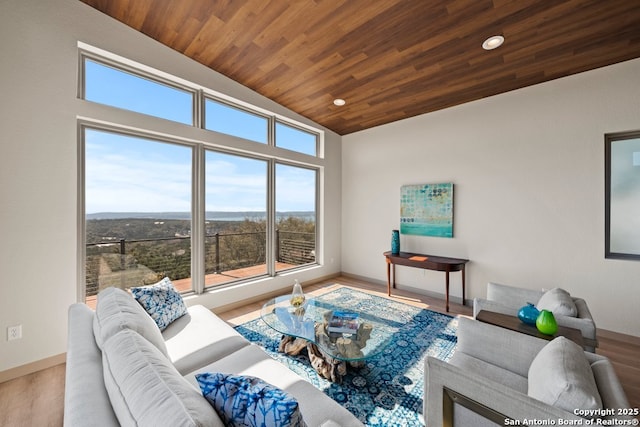 301 Vip Dr, Canyon Lake, TX 78133 - living room featuring wood finished floors, baseboards, lofted ceiling, recessed lighting, and wood ceiling