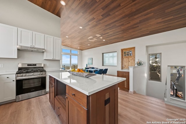 301 Vip Dr, Canyon Lake, TX 78133 - kitchen with stainless steel gas range oven, under cabinet range hood, a kitchen island, light wood-style floors, and wooden ceiling