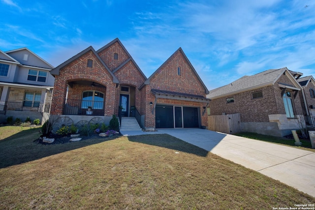 view of front of property featuring brick siding, driveway, an attached garage, and a front lawn