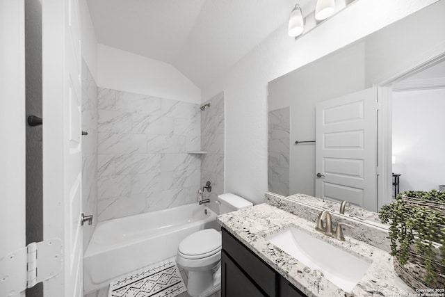 full bath with tub / shower combination, toilet, vanity, and vaulted ceiling