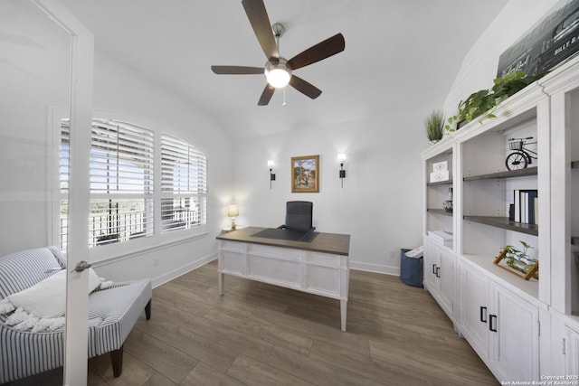 office featuring baseboards, wood finished floors, and ceiling fan