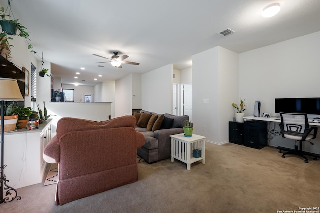 114 Texas Lantana, New Braunfels, TX 78130 - living area with recessed lighting, visible vents, light colored carpet, and a ceiling fan