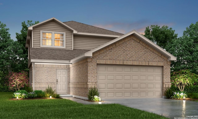 9303 Graze Land Dr, San Antonio, TX 78211 - traditional home with driveway, roof with shingles, brick siding, an attached garage, and a yard