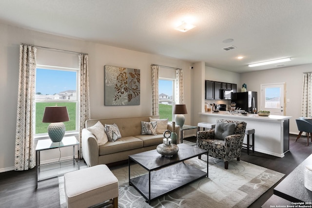 9303 Graze Land Dr, San Antonio, TX 78211 - living room featuring visible vents, baseboards, and dark wood-style floors