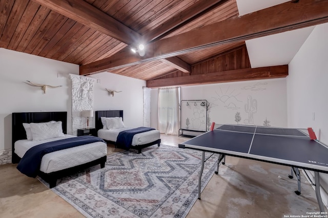 game room featuring wooden ceiling, vaulted ceiling with beams, and concrete floors