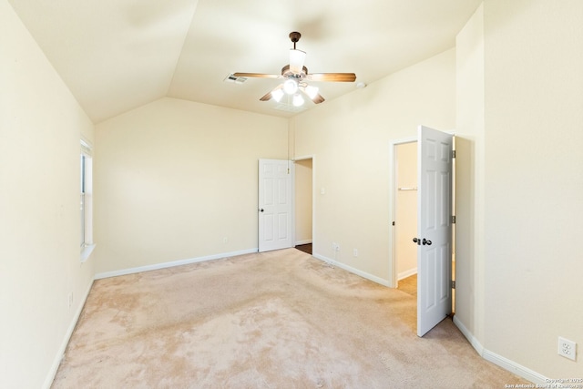 26823 Rustic Brk, San Antonio, TX 78261 - unfurnished bedroom featuring visible vents, baseboards, lofted ceiling, ceiling fan, and light colored carpet