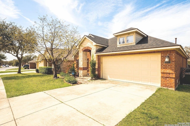 26823 Rustic Brk, San Antonio, TX 78261 - view of front facade featuring driveway, stone siding, roof with shingles, a front yard, and brick siding