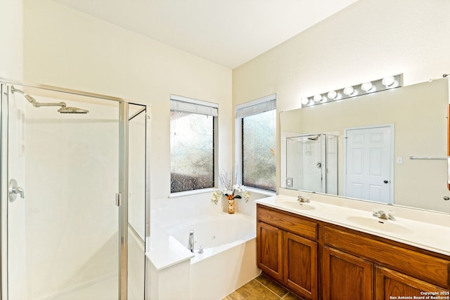 26823 Rustic Brk, San Antonio, TX 78261 - full bath with a shower stall, a tub with jets, double vanity, and a sink