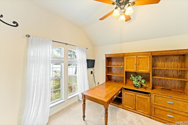 26823 Rustic Brk, San Antonio, TX 78261 - home office with light carpet, a ceiling fan, and lofted ceiling