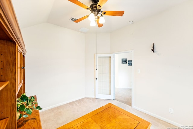 26823 Rustic Brk, San Antonio, TX 78261 - empty room with visible vents, light colored carpet, a ceiling fan, and vaulted ceiling