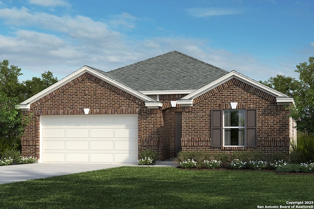ranch-style house featuring brick siding, an attached garage, driveway, and a front yard