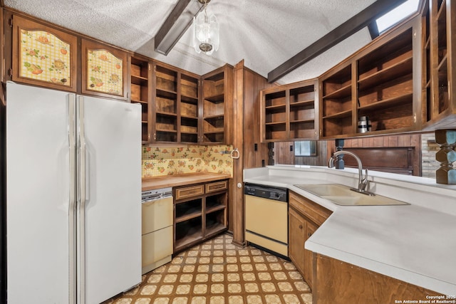 10103 Northampton, San Antonio, TX 78230 - kitchen with white appliances, open shelves, a sink, brown cabinetry, and light flooring