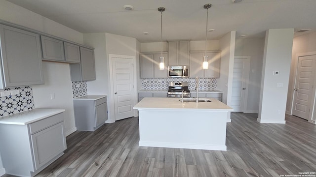 14710 Prairie Clover, San Antonio, TX 78253 - kitchen featuring a sink, gray cabinets, stainless steel appliances, wood finished floors, and tasteful backsplash