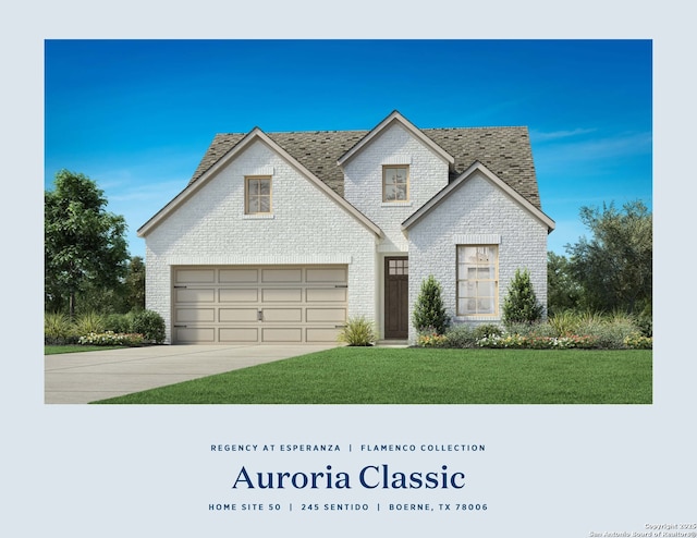 245 Sentido, Boerne, TX 78006 - view of front facade with brick siding, roof with shingles, concrete driveway, and a front yard