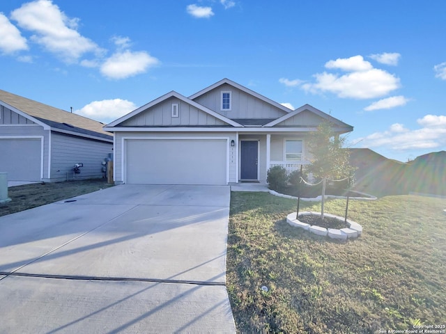 5336 Forbs, Bulverde, TX 78163 - single story home with a garage, a front yard, board and batten siding, and driveway