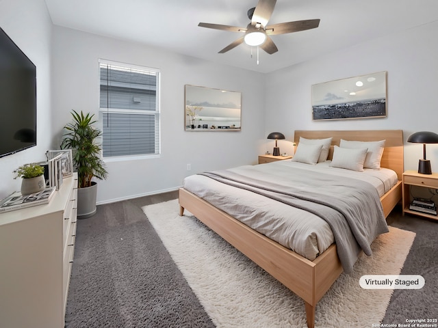 5336 Forbs, Bulverde, TX 78163 - bedroom featuring baseboards, a ceiling fan, and dark colored carpet