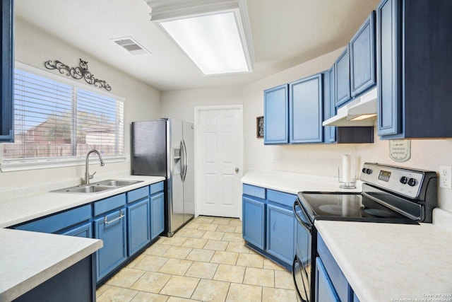 kitchen with visible vents, a sink, under cabinet range hood, stainless steel appliances, and blue cabinetry