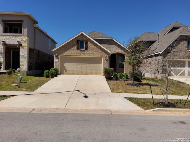 1976 Cowan Dr, New Braunfels, TX 78132 - view of front facade featuring brick siding, an attached garage, and concrete driveway