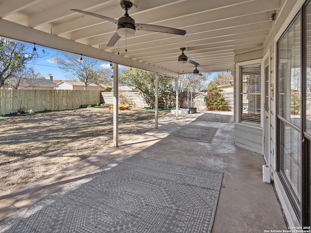 view of patio / terrace with ceiling fan and a fenced backyard
