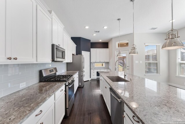 21950 Akin Byu, San Antonio, TX 78261 - kitchen featuring a sink, backsplash, appliances with stainless steel finishes, white cabinets, and dark wood-style flooring