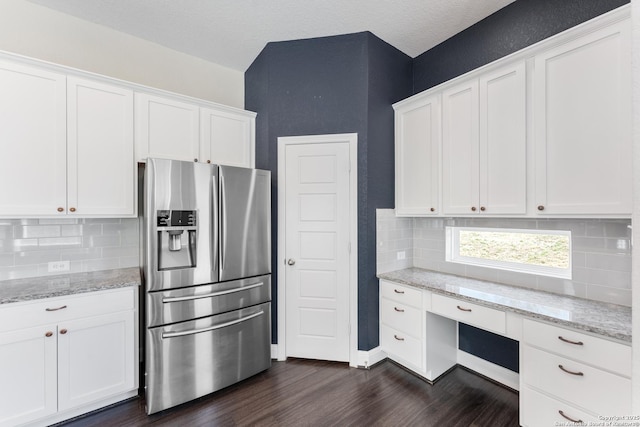 21950 Akin Byu, San Antonio, TX 78261 - kitchen featuring dark wood-style floors, stainless steel fridge, white cabinetry, and built in study area