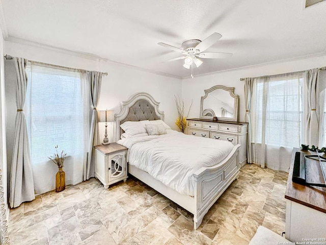 231 Cicero, San Antonio, TX 78218 - bedroom featuring crown molding, a ceiling fan, and light stone finish flooring