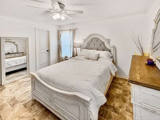 231 Cicero, San Antonio, TX 78218 - bedroom featuring stone finish floors, ornamental molding, ceiling fan, and baseboards