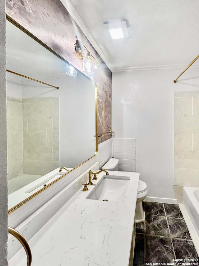 231 Cicero, San Antonio, TX 78218 - full bathroom with toilet, ornamental molding, marble finish flooring, vanity, and bathtub / shower combination