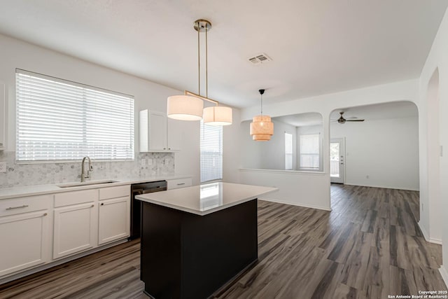 7519 Paraiso Hvn, Boerne, TX 78015 - kitchen featuring a sink, decorative backsplash, dishwasher, and dark wood finished floors