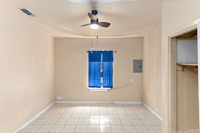 spare room featuring electric panel, a ceiling fan, visible vents, and baseboards