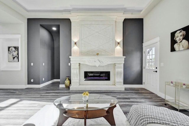 living area with wood finished floors, a fireplace, and baseboards