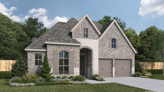 view of front of house with brick siding, fence, a garage, stone siding, and driveway