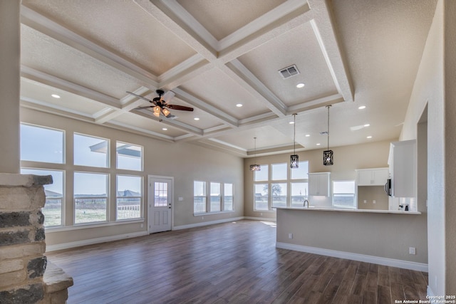 301 Honeysuckle Ln, Vernia, TX 78121 - unfurnished living room with dark wood finished floors, a healthy amount of sunlight, coffered ceiling, and ceiling fan