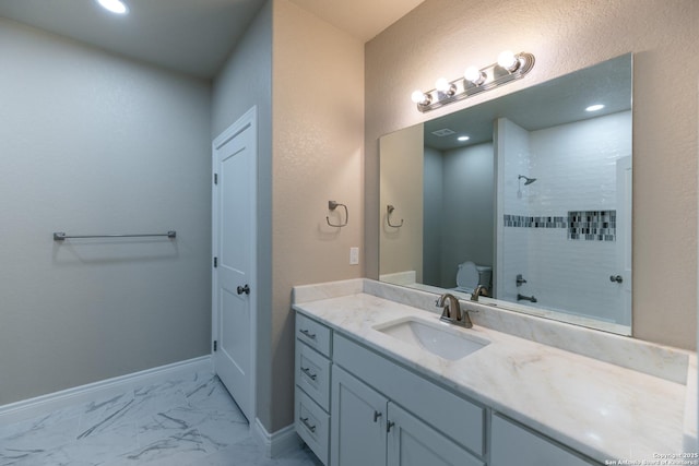 301 Honeysuckle Ln, Vernia, TX 78121 - bathroom with baseboards, washtub / shower combination, toilet, marble finish floor, and vanity