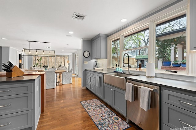 kitchen with dark wood-style floors, visible vents, gray cabinets, a sink, and dishwasher