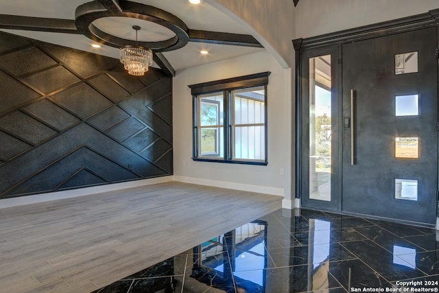 116 Hidden Ranch Ct, Floresville, TX 78114 - entryway with baseboards, a chandelier, dark marble finish flooring, and recessed lighting