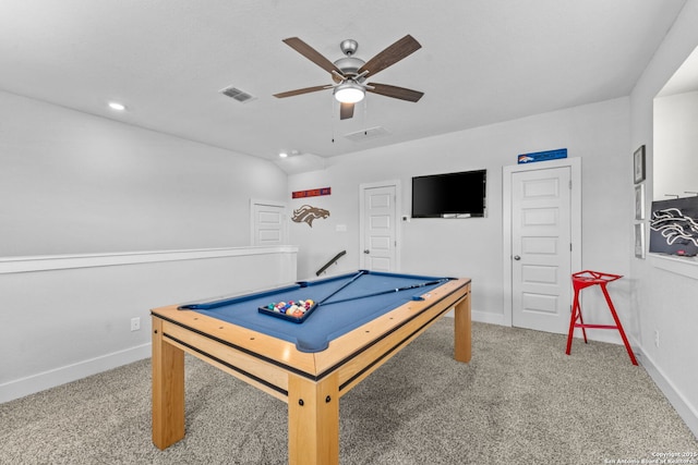 playroom with visible vents, baseboards, carpet, and a ceiling fan