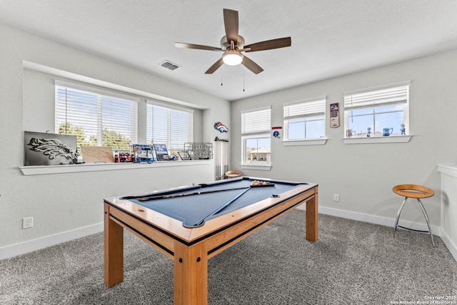game room featuring baseboards, carpet, visible vents, and ceiling fan