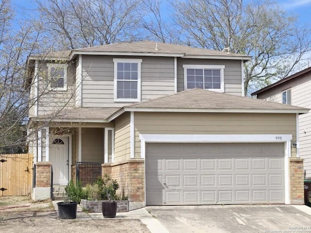 9991 Hawksbill Peak, San Antonio, TX 78245 - view of front of home featuring brick siding, a shingled roof, fence, concrete driveway, and a garage