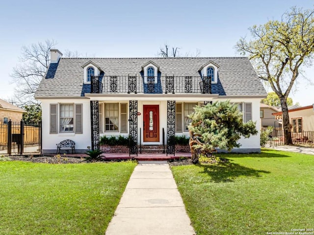2106 W Gramercy Pl, San Antonio, TX 78201 - cape cod home featuring a chimney, roof with shingles, a front yard, and fence