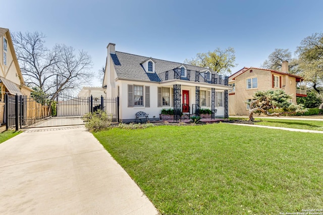 2106 W Gramercy Pl, San Antonio, TX 78201 - view of front of property featuring fence, a front yard, a chimney, driveway, and a gate