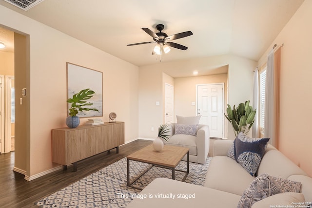 2066 Chelsea, New Braunfels, TX 78130 - living area with a ceiling fan, dark wood-style floors, visible vents, and baseboards