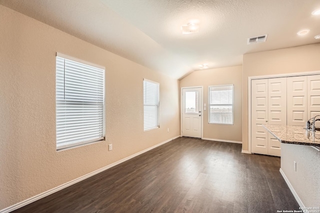 2066 Chelsea, New Braunfels, TX 78130 - entrance foyer with visible vents, baseboards, dark wood-style flooring, and vaulted ceiling