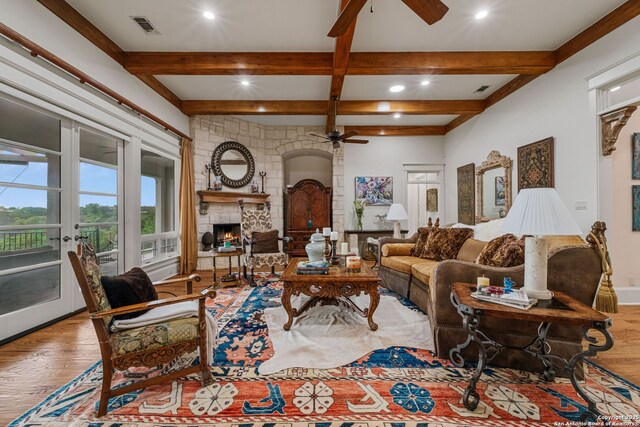 1626 Cordillera Trce, Boerne, TX 78006 - living room featuring a ceiling fan, wood finished floors, and visible vents