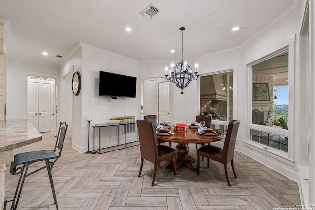 1626 Cordillera Trce, Boerne, TX 78006 - dining room featuring recessed lighting, visible vents, crown molding, and an inviting chandelier