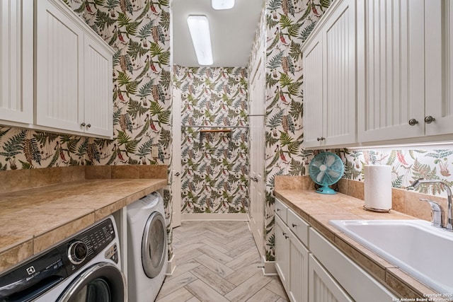 1626 Cordillera Trce, Boerne, TX 78006 - laundry area with cabinet space, wallpapered walls, independent washer and dryer, and a sink