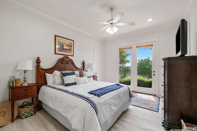1626 Cordillera Trce, Boerne, TX 78006 - bedroom with ornamental molding, light wood finished floors, a ceiling fan, and access to outside
