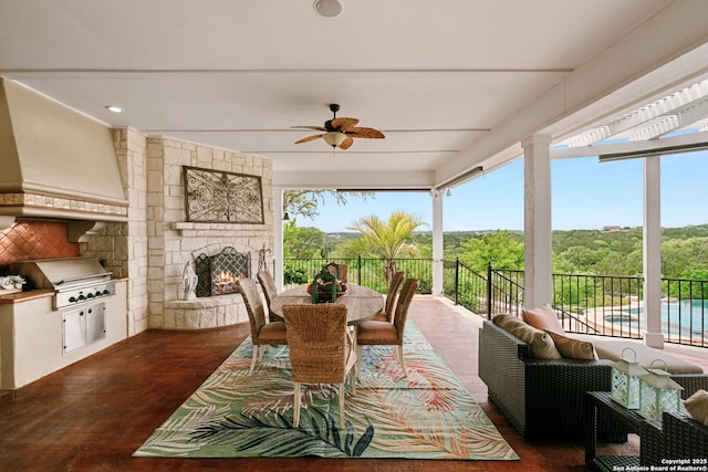 1626 Cordillera Trce, Boerne, TX 78006 - view of patio featuring a grill, an outdoor kitchen, an outdoor stone fireplace, and ceiling fan