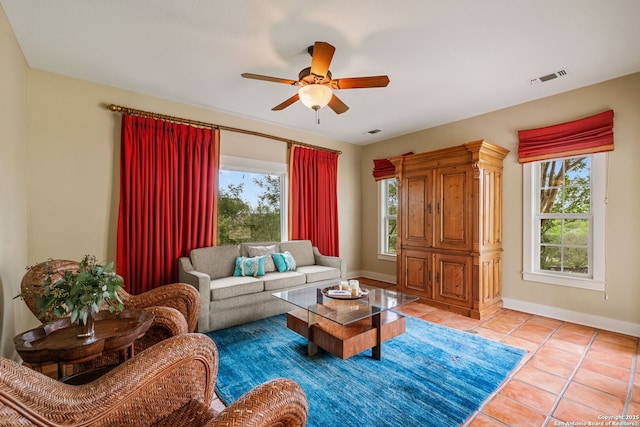 1626 Cordillera Trce, Boerne, TX 78006 - living area featuring visible vents, baseboards, ceiling fan, and light tile patterned floors